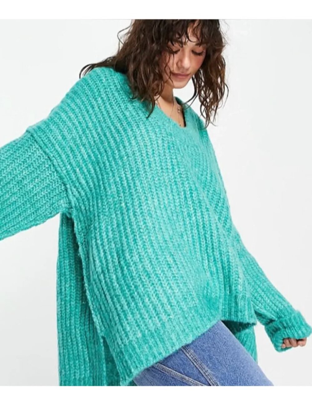 Free People Chunky Oversized Relaxed Sweater Scoop Neck In Electric Teal Size XS